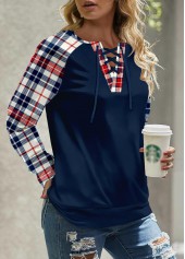 Plaid Patchwork Navy Round Neck Long Sleeve Sweatshirt