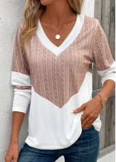 Geometric Print Patchwork Light Camel Long Sleeve T Shirt