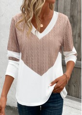 Geometric Print Patchwork Light Camel Long Sleeve T Shirt