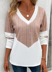 Geometric Print Patchwork Light Camel Long Sleeve T Shirt