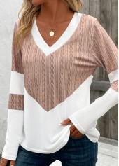 Geometric Print Patchwork Light Camel Long Sleeve T Shirt