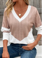 Geometric Print Patchwork Light Camel Long Sleeve T Shirt