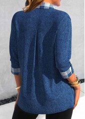 Plaid Fake 2in1 Denim Blue Shirt Collar Blouse