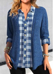 Plaid Fake 2in1 Denim Blue Shirt Collar Blouse
