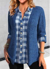 Plaid Fake 2in1 Denim Blue Shirt Collar Blouse