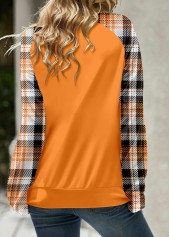 Plaid Patchwork Orange Split Neck Long Sleeve Sweatshirt