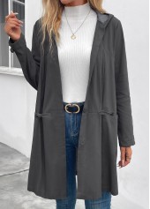 Pocket Dark Grey Long Sleeve Hooded Coat