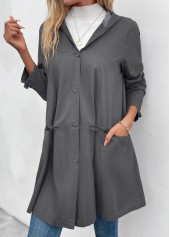 Pocket Dark Grey Long Sleeve Hooded Coat