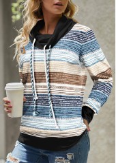 Plus Size Blue Drawstring Geometric Print Long Sleeve Sweatshirt