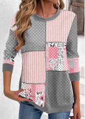 Geometric Print Patchwork Light Pink Long Sleeve Sweatshirt