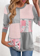 Geometric Print Patchwork Light Pink Long Sleeve Sweatshirt