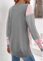 Geometric Print Patchwork Light Pink Long Sleeve Sweatshirt