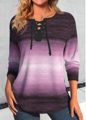 Ombre Lace Up Purple Long Sleeve T Shirt
