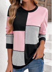 Patchwork Round Neck Long Sleeve Light Pink Sweatshirt