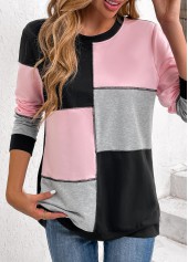 Patchwork Round Neck Long Sleeve Light Pink Sweatshirt