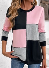 Patchwork Round Neck Long Sleeve Light Pink Sweatshirt