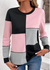 Patchwork Round Neck Long Sleeve Light Pink Sweatshirt
