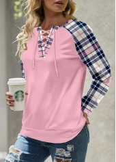 Plaid Lace Up Light Pink Long Sleeve Sweatshirt