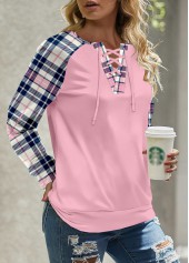 Plaid Lace Up Light Pink Long Sleeve Sweatshirt