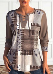Plus Size Light Coffee Lace Up Geometric Print Sweatshirt