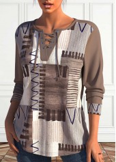 Plus Size Light Coffee Lace Up Geometric Print Sweatshirt