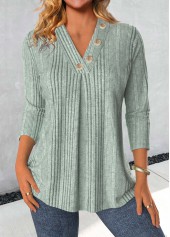 Button Sage Green Long Sleeve V Neck T Shirt