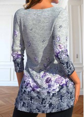 Floral Print Button Grey Long Sleeve T Shirt