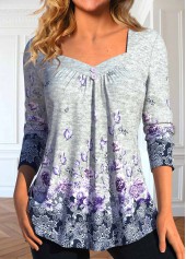 Floral Print Button Grey Long Sleeve T Shirt