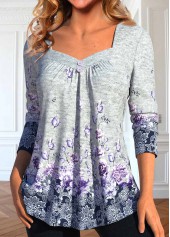 Floral Print Button Grey Long Sleeve T Shirt