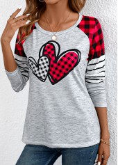 Plaid Patchwork Grey Long Sleeve Round Neck T Shirt
