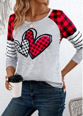 Plaid Patchwork Grey Long Sleeve Round Neck T Shirt