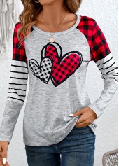 Plaid Patchwork Grey Long Sleeve Round Neck T Shirt