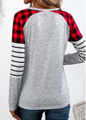 Plaid Patchwork Grey Long Sleeve Round Neck T Shirt