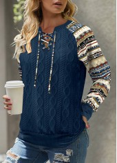 Plus Size Navy Patchwork Tribal Print Long Sleeve Sweatshirt