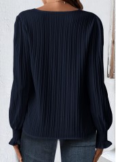 Smocked Navy Long Sleeve V Neck Blouse