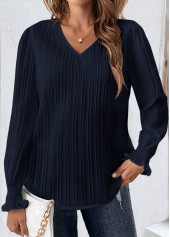 Smocked Navy Long Sleeve V Neck Blouse