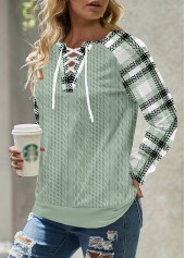 Plaid Lace Up Sage Green Long Sleeve Sweatshirt