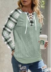 Plaid Lace Up Sage Green Long Sleeve Sweatshirt