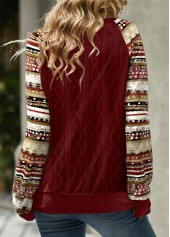 Tribal Print Patchwork Wine Red Long Sleeve Split Neck Sweatshirt