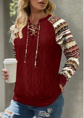 Tribal Print Patchwork Wine Red Long Sleeve Split Neck Sweatshirt