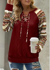 Tribal Print Patchwork Wine Red Long Sleeve Split Neck Sweatshirt