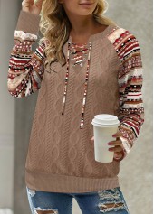 Tribal Print Patchwork Dark Camel Long Sleeve Split Neck Sweatshirt