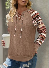 Tribal Print Patchwork Dark Camel Long Sleeve Split Neck Sweatshirt