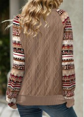 Tribal Print Patchwork Dark Camel Long Sleeve Split Neck Sweatshirt