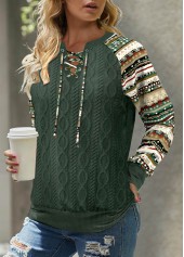 Tribal Print Patchwork Green Long Sleeve Split Neck Sweatshirt