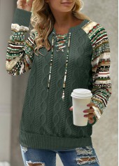 Tribal Print Patchwork Green Long Sleeve Split Neck Sweatshirt