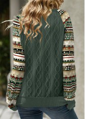 Tribal Print Patchwork Green Long Sleeve Split Neck Sweatshirt