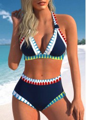 Mid Waisted Tribal Print Patchwork Navy Bikini Set