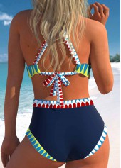Mid Waisted Tribal Print Patchwork Navy Bikini Set