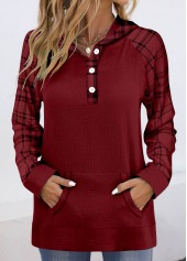 Plaid Pocket Wine Red Long Sleeve Hoodie